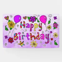 Whimsical Purple and Pink Happy Birthday Girl's Ba Banner