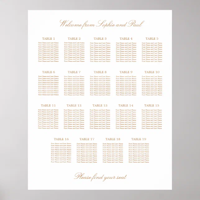 White Golden Beige 19 Table Wedding Seating Chart