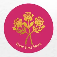 Personalized Raspberry Pink Faux Gold Floral Roses Classic Round Sticker