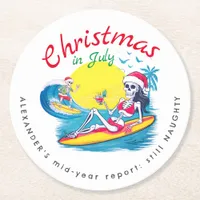 Skeleton Christmas in July Beach Surf Naughty Round Paper Coaster