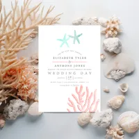 Turquoise and Coral themed Beach Wedding Invitation