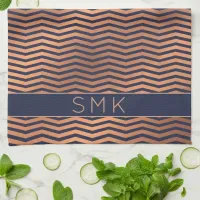 Copper Rose Gold Foil Chevron Navy Blue Monogram Kitchen Towel