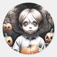 Creepy Chibi  Boy with Pumpkin Halloween Classic Round Sticker