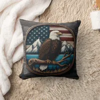 Eagle on Branch, American Flag  Throw Pillow