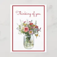 Thinking of You Watercolor Flowers in a Jar Postcard