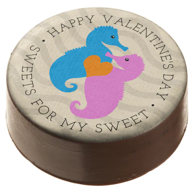 Cute Blue and Pink Seahorses in Love on Grey Waves Chocolate Dipped Oreo