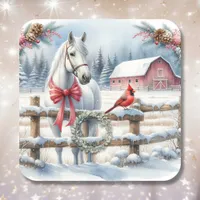 White Christmas Horse and Cardinal  Square Sticker