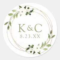 Wedding Bridal Shower Geometric Greenery Wreath Classic Round Sticker