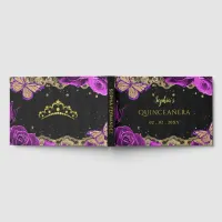 Purple Roses Black Gold Lace Butterfly Quinceañera Foil Guest Book