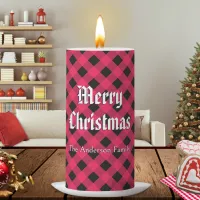 Red Buffalo Plaid Rustic Pattermed Merry Christmas Pillar Candle