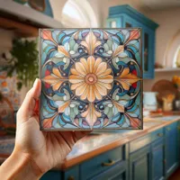 Colorful Floral Tile Pat#8 Blue Apricot ID1078