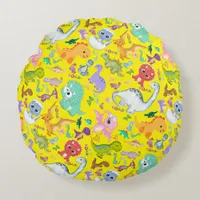 Cute Dinosaur Pattern on Yellow | Round Pillow