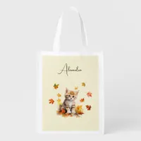 Cute Orange Tabby Kitten in Fall Leaves Grocery Bag