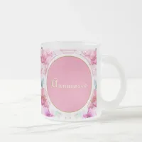 Pretty Custom Name Floral Pink and Gold  Frosted Glass Coffee Mug