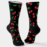 Red Cherries on Black Fruit Pattern Socks