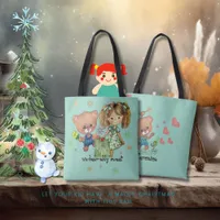 Unbearably Sweet Girl and Teddy Bear in Teal Tote Bag