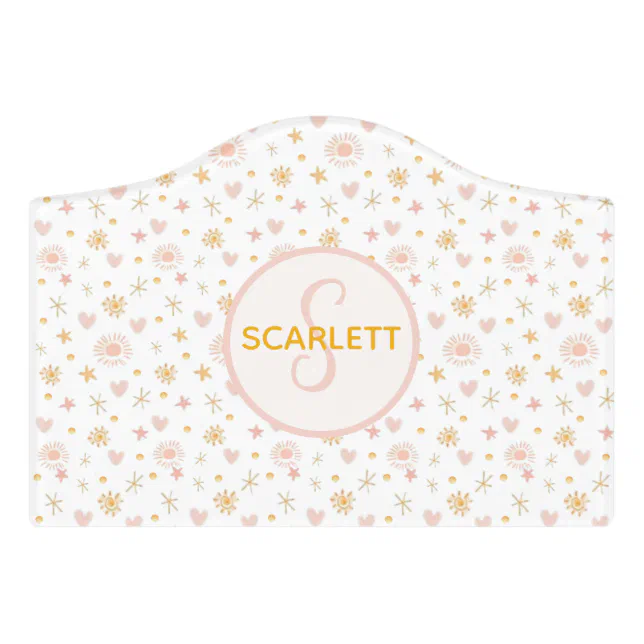 Kids Cute Name Pink Orange Pattern of Suns Hearts  Door Sign