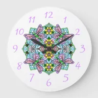 Purple, Pink Butterflies and Flowers Mandala  Large Clock