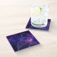 Gold Leo Constellation on Dark Galaxy | Glass Coaster