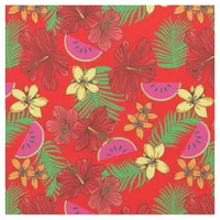 Tropical Melons and Palm Leaves Red Floral Pattern Fabric