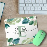 Elegant Monogrammed Eucalyptus Greenery Watercolor Mouse Pad