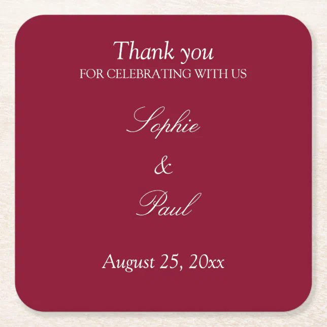 Elegant Burgundy Wedding Thank You Square Paper Coaster