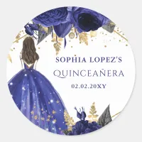 Royal Blue Gold Floral Princess Quinceanera   Classic Round Sticker