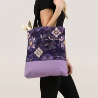 Dark Purple Floral and Faux Gold Color Block Tote Bag