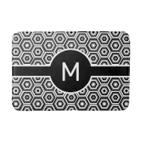 Modern White Monogram on Black and White Geometric Bath Mat