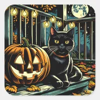 Black Cat and Jack-O-Lantern Halloween Square Sticker