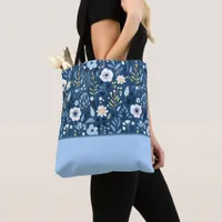 Shade of Blue, White, Yellow Flowers Color Block Tote Bag