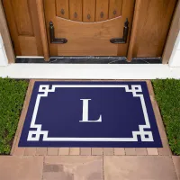 Navy Blue and White Greek Key Frame Monogram Doormat