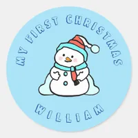 My First Christmas | Snowman Custom Blue Classic Round Sticker