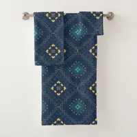 Deep Blue Yellow Ethnic Boho Tribal Mosaic Pattern Bath Towel Set