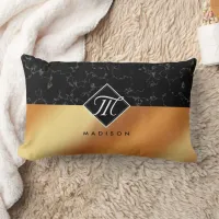 Elegant Black Marble & Copper Foil Monogram Lumbar Pillow