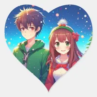 Cute Anime Couple | Merry Christmas  Heart Sticker