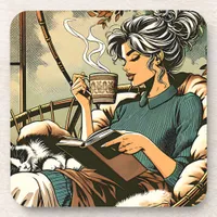 Cozy Lady Reading with Coffee and Cat Beverage Coaster