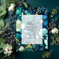 Navy Blue, Emerald Green and Silver Floral Wedding Invitation