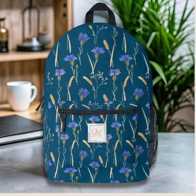 Blue Floral Wildflower Monogram Printed Backpack