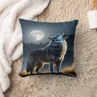 Majestic Wolf Howling Under Full Moonlight Throw Pillow