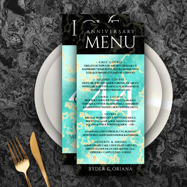 Elegant 44th Turquoise Wedding Anniversary Menu