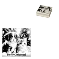 Cute puppy and cat under Christmas tree Rubber Stamp