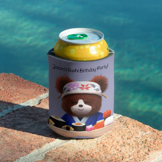 Cute Teddy Bear Sushi Chef Birthday Party Can Cooler