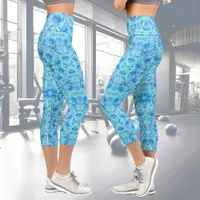 Opulent rose design in turquoise capri leggings