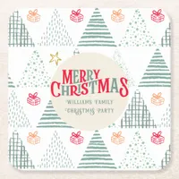 Retro Green Christmas Trees Modern Abstract Unique Square Paper Coaster