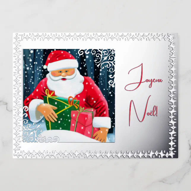 Père Noël sous la neige avec décorations argentées Foil Holiday Postcard