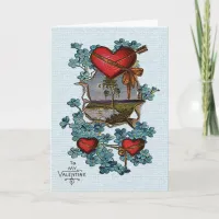 Vintage Valentine Red Hearts, Tree and Lake Card