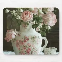 Pretty Pink Roses in Vintage Antique China Teapot Mouse Pad