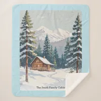 Rustic Country Cabin Snow Scene Mountains Blue Sherpa Blanket