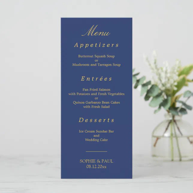 Elegant Navy Blue Golden Beige Wedding Menu